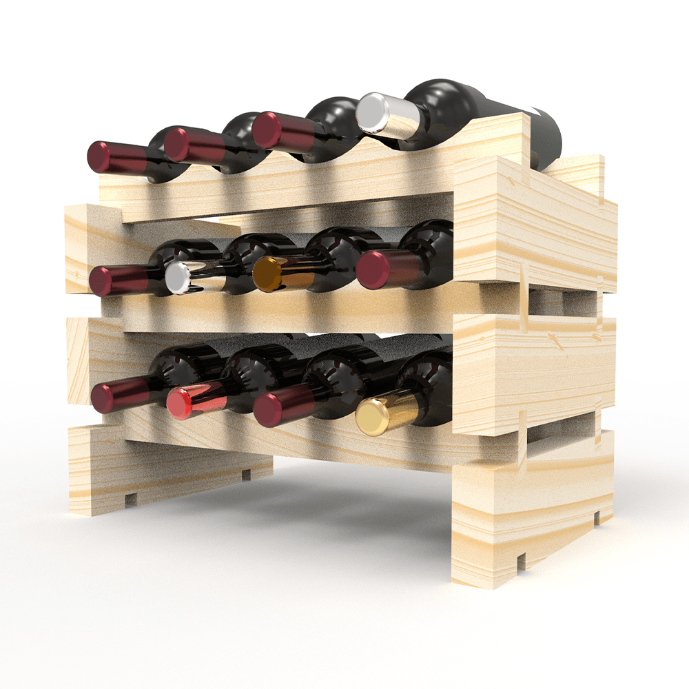 12 Bottle Modular Wine Rack Kit - New Zealand Pine - Side View with Bottles