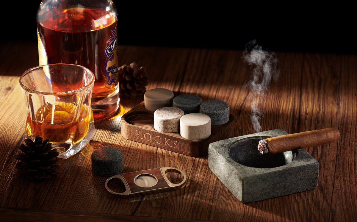 Whiskey Stones Gift Set with Cigar Cutter &amp; Cigar Ashtray - Wine Stash