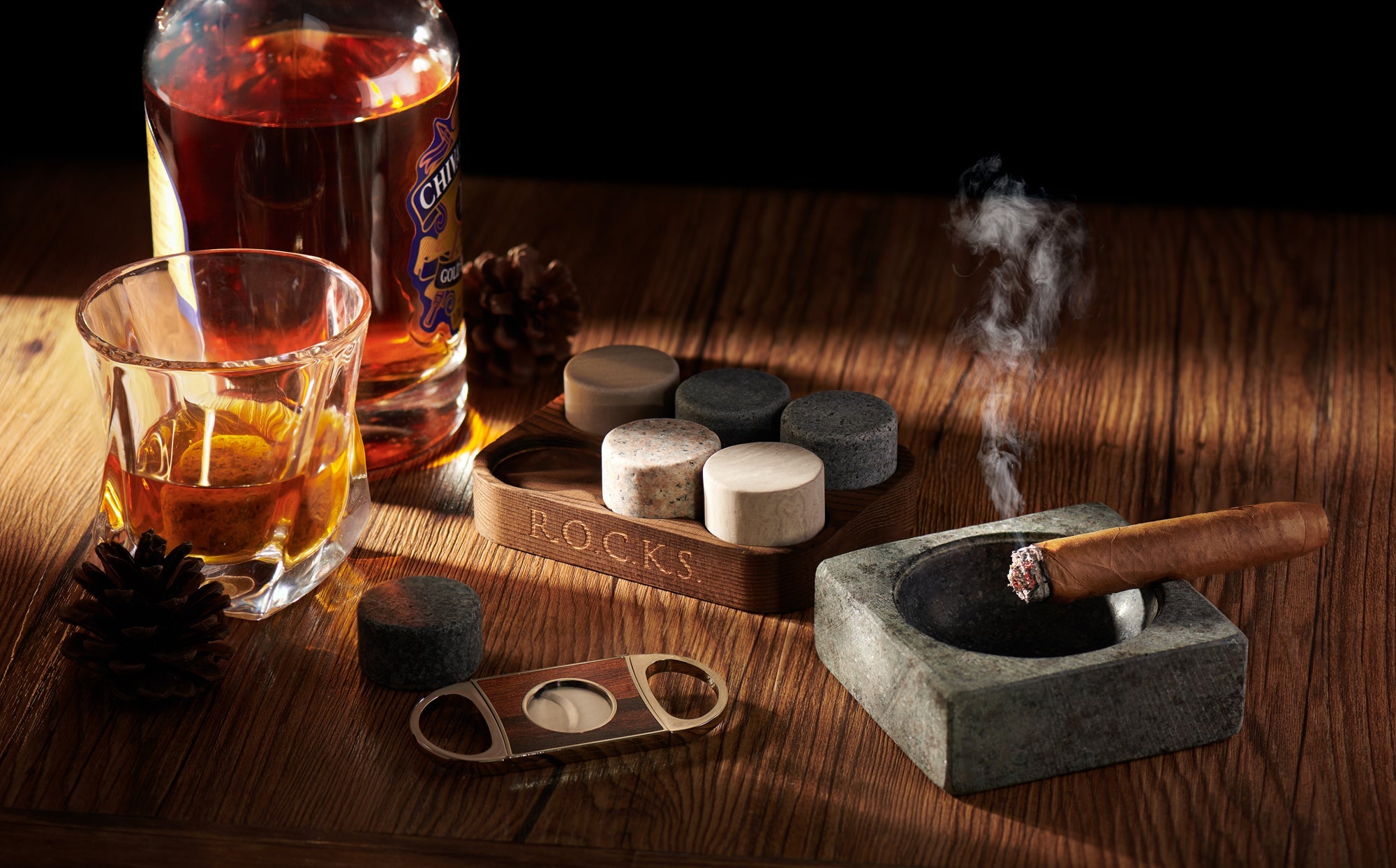 Whiskey Stones Gift Set with Cigar Cutter & Cigar Ashtray - Wine Stash
