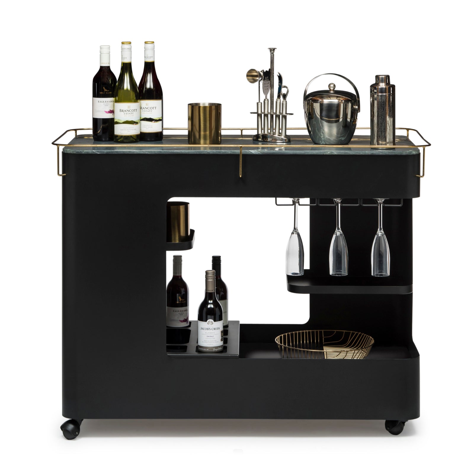 Black & Gold Bar Cart with Marble Top - Wine Stash